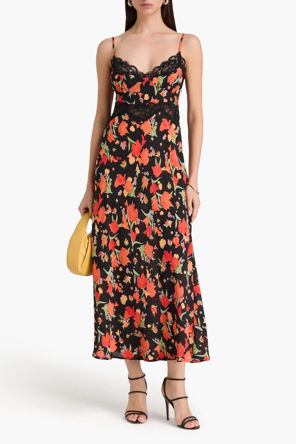 RIXO Lace-trimmed floral-print silk-crepon midi dress