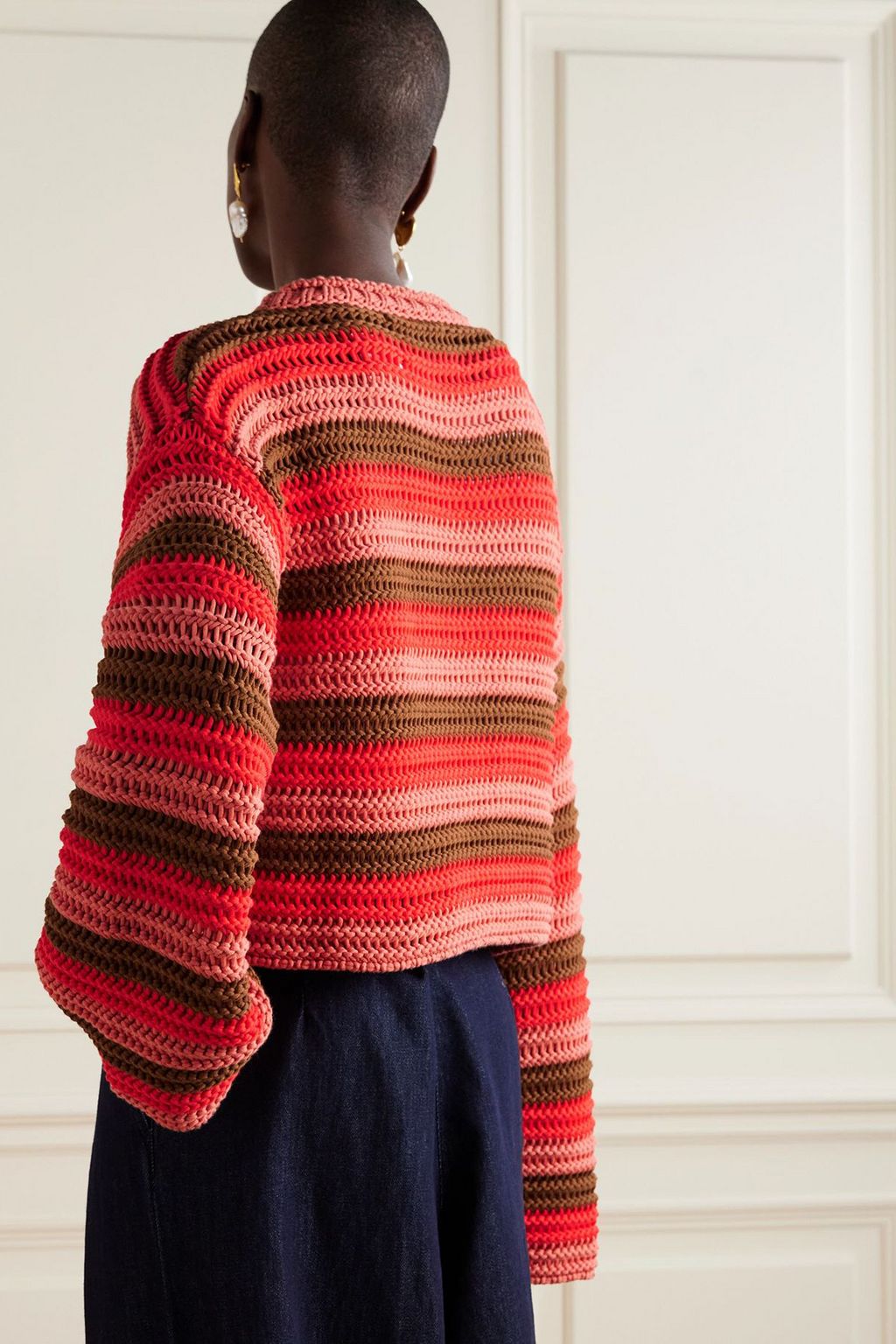 LA DOUBLEJ Cropped striped crocheted cotton-blend sweater