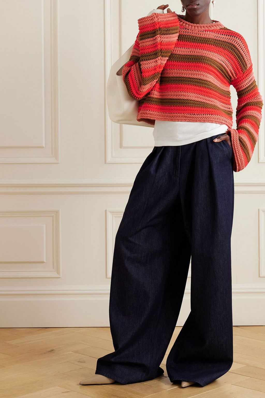 LA DOUBLEJ Cropped striped crocheted cotton-blend sweater