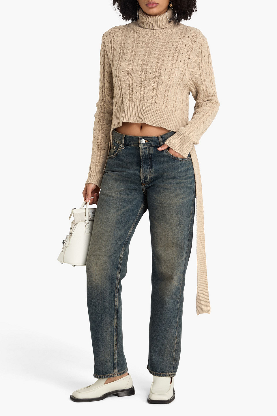  Mm6 Maison Margiela - Cropped Rollkragenpullover Aus Einer Wollmischung Mit Zopfstrickmuster - Neutral - L 