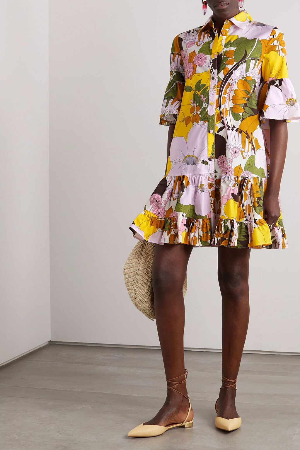 LA DOUBLEJ فستان تشو قصير من قطن بوبلين بطبقات متدرجة وبطبعة الأزهار