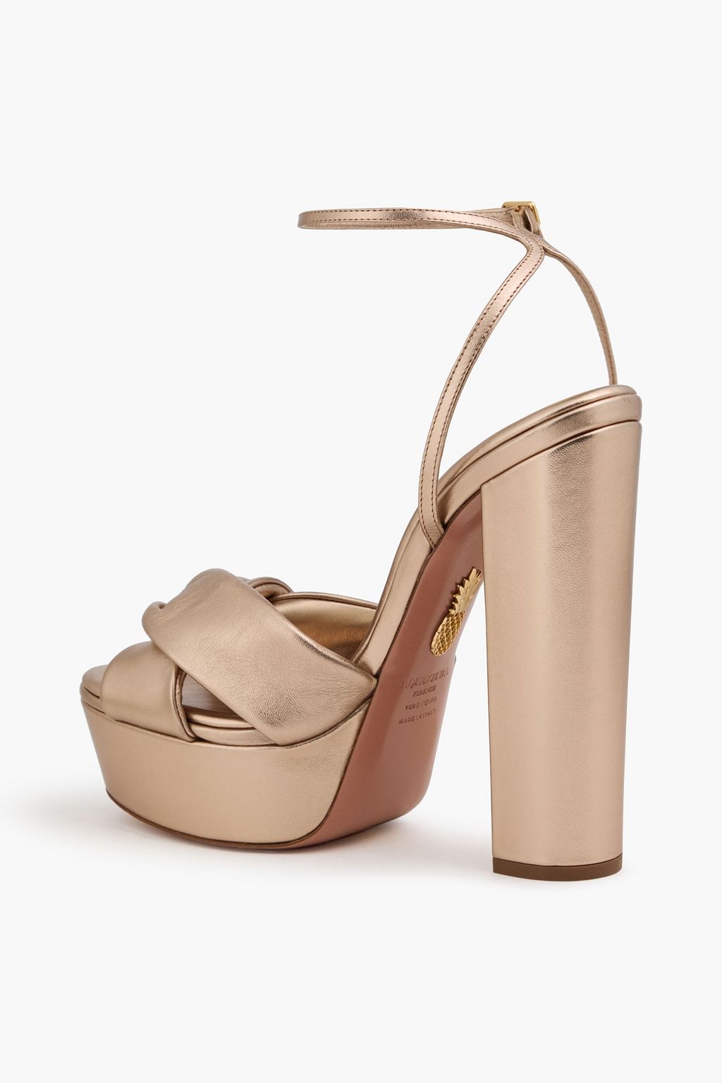 AQUAZZURA صندل "أولي" من الجلد بنعل سميك بلون ميتاليك وبتصميم متشابك