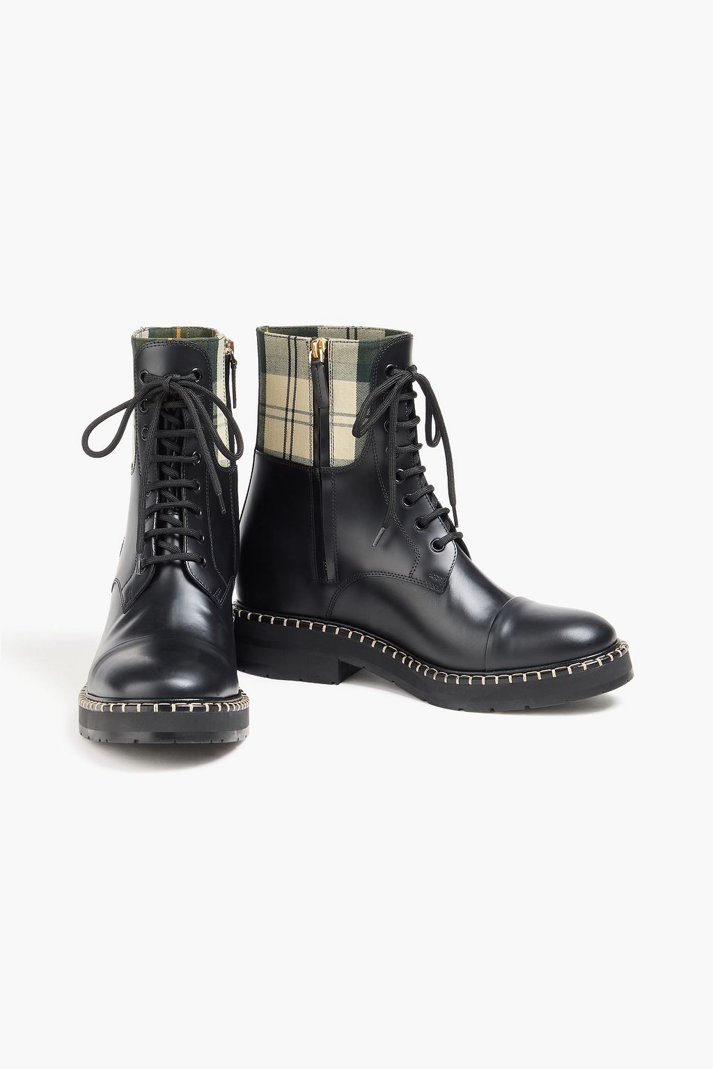 BARBOUR X CHLOÉ + Barbour checked twill and leather combat boots