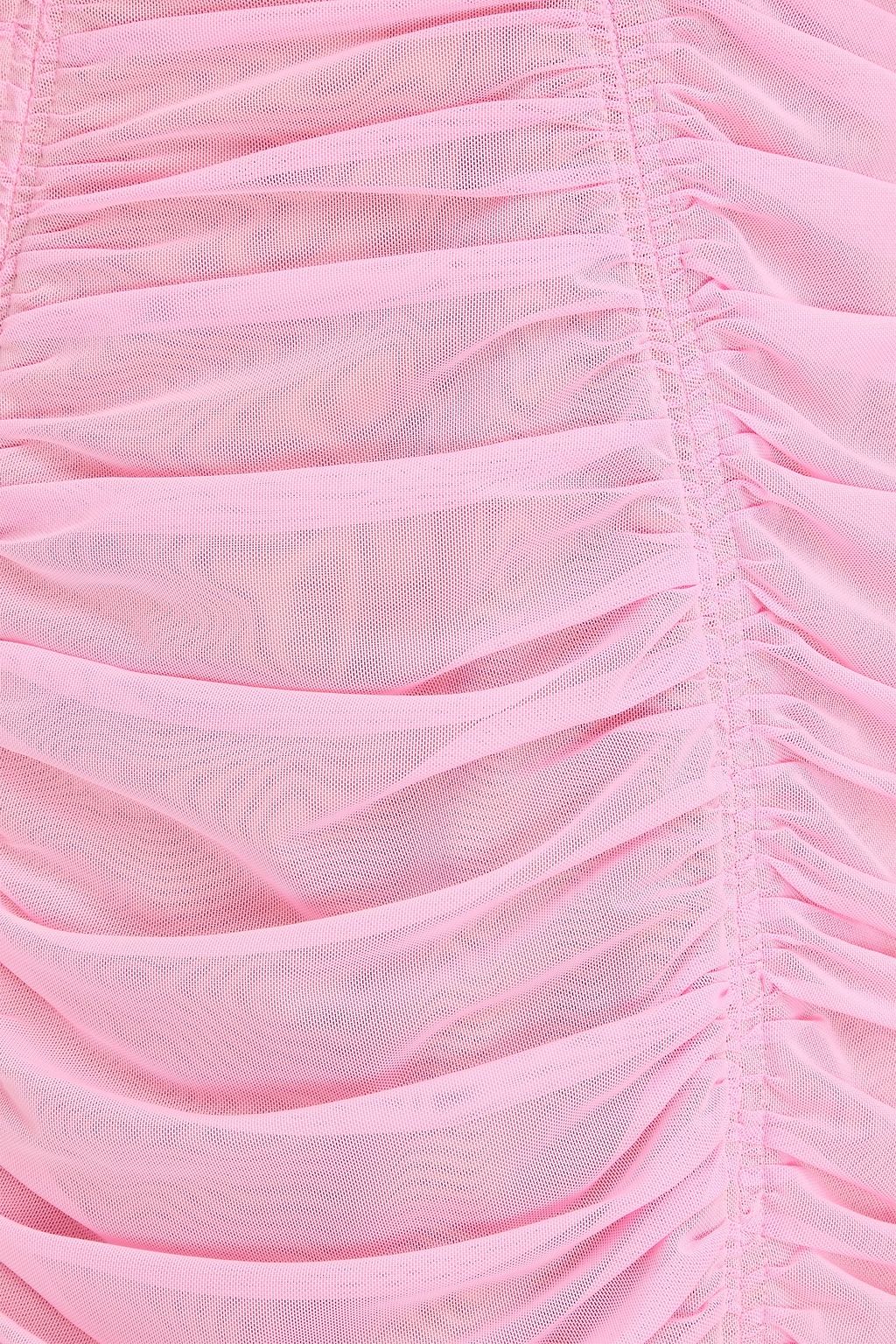 SELF-PORTRAIT Bow-detailed ruched mesh mini dress