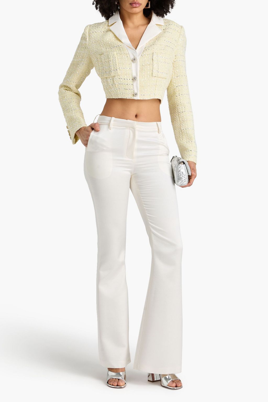 SELF-PORTRAIT Cropped embellished metallic tweed blazer