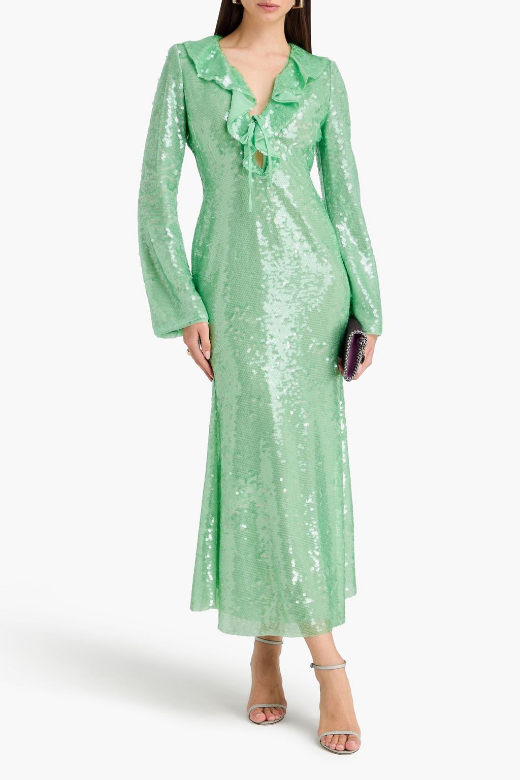 SELF-PORTRAIT 러플 디테일 시퀸 장식 메쉬 미디 드레스