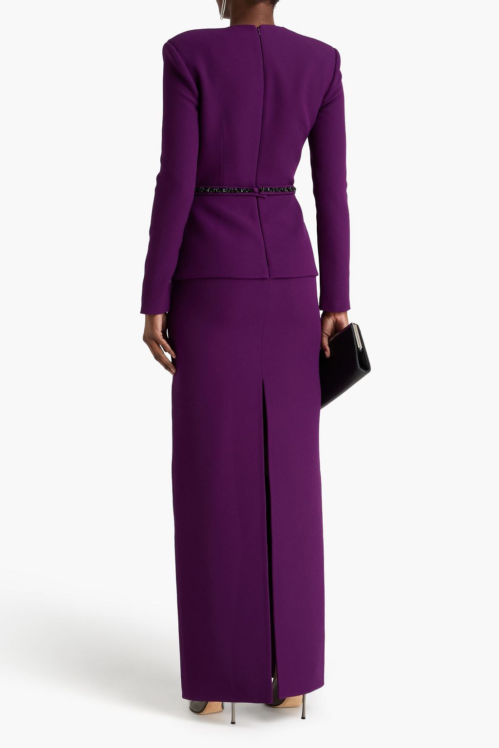 SAFIYAA Belted crystal-embellished stretch-crepe peplum maxi dress