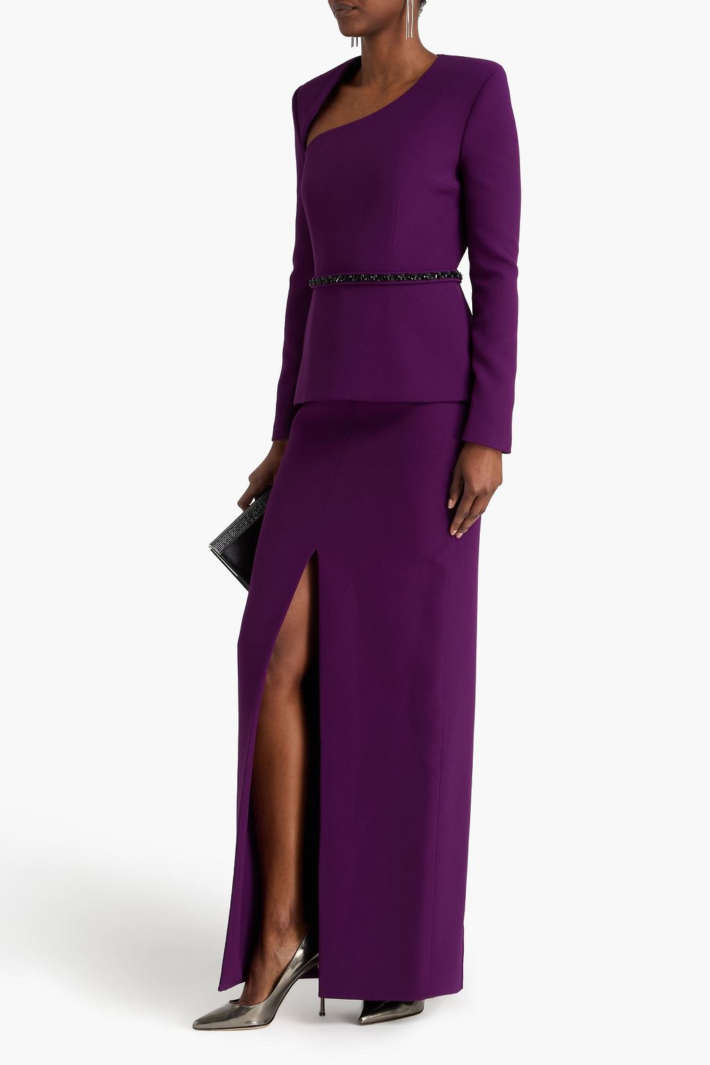 SAFIYAA Belted crystal-embellished stretch-crepe peplum maxi dress