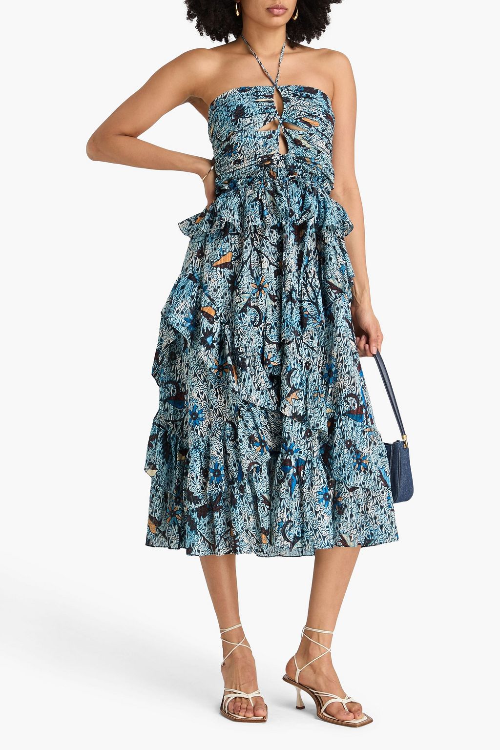 ulla cut out midi dress ULLA JOHNSON Ruffled cutout printed cotton-blend halterneck midi dress