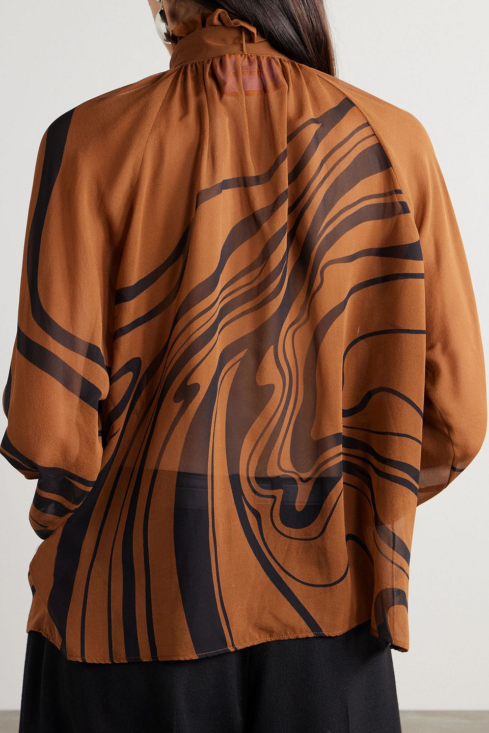 La Doublej Cerere Pussy-bow Printed Silk-georgette Blouse In Brown