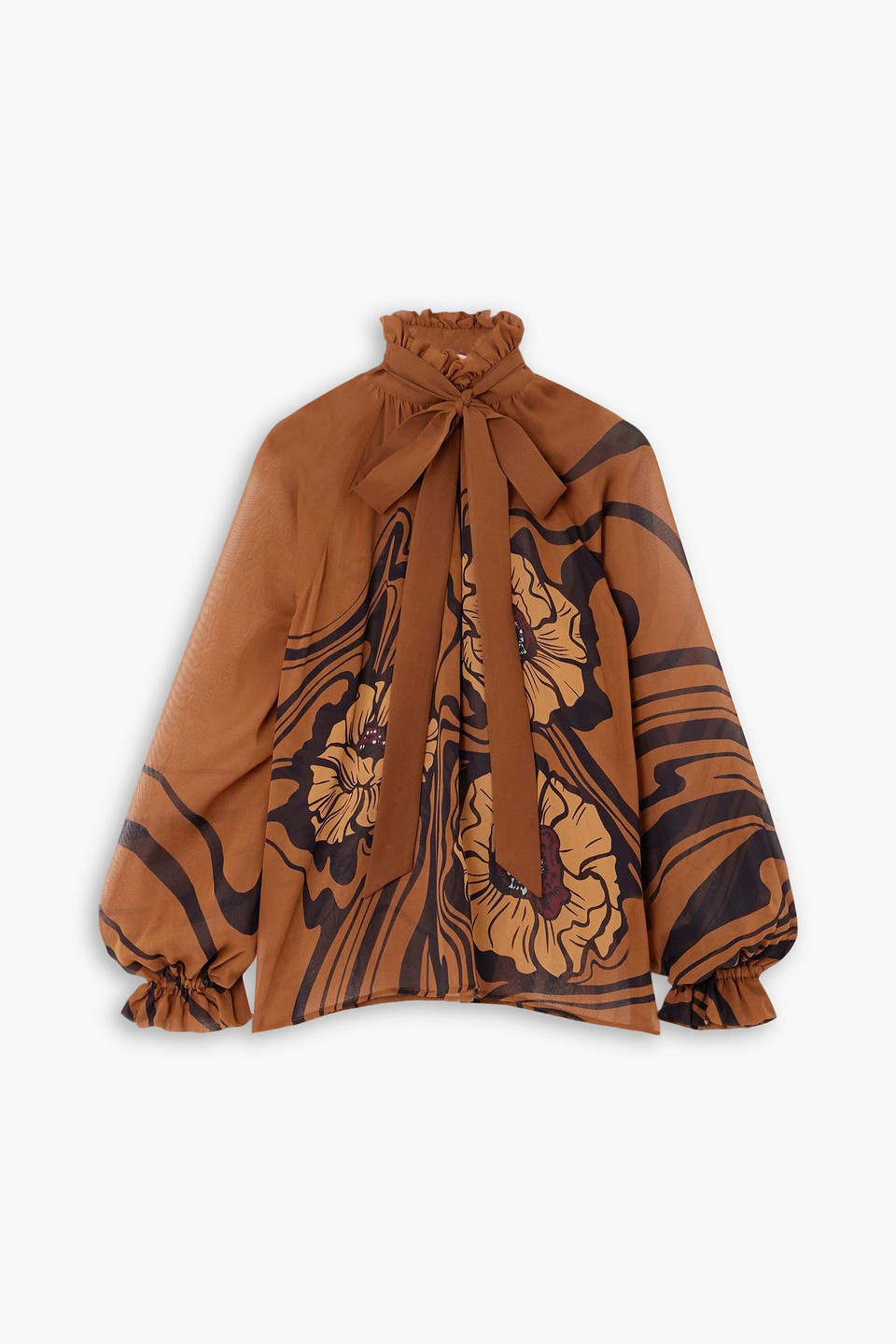 La Doublej Cerere Pussy-bow Printed Silk-georgette Blouse In Brown