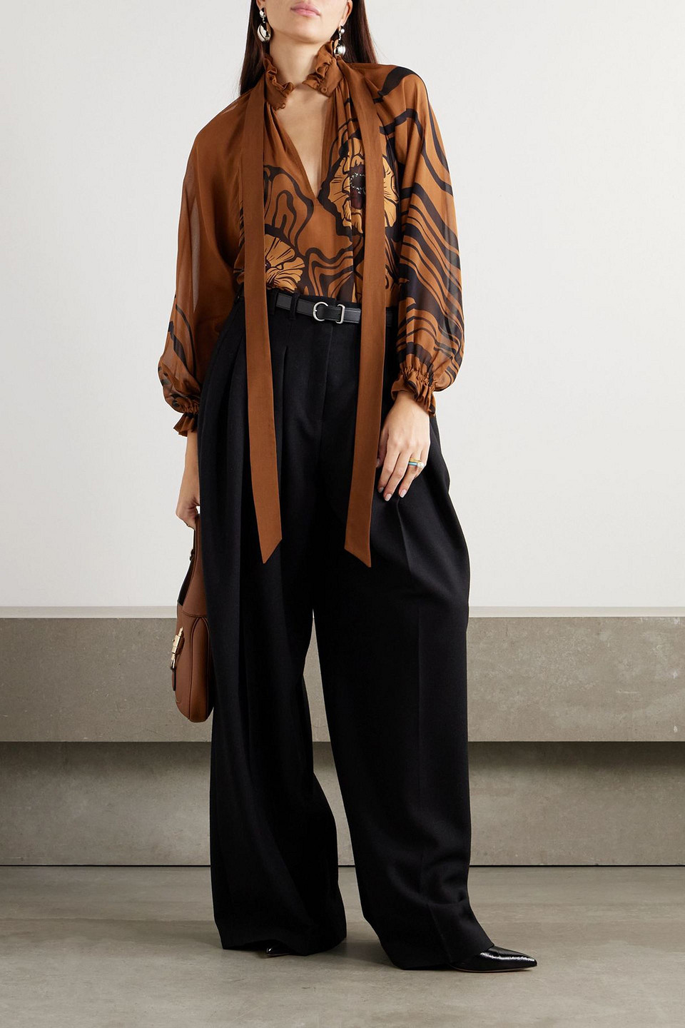 La Doublej Cerere Pussy-bow Printed Silk-georgette Blouse In Brown