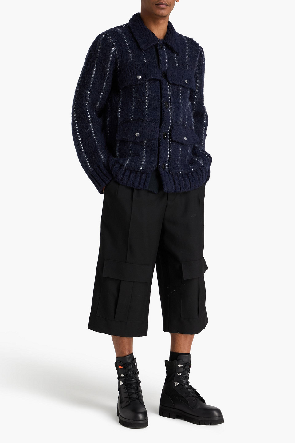  Sacai - Pinstriped Knitted Jacket - Blue - 2 