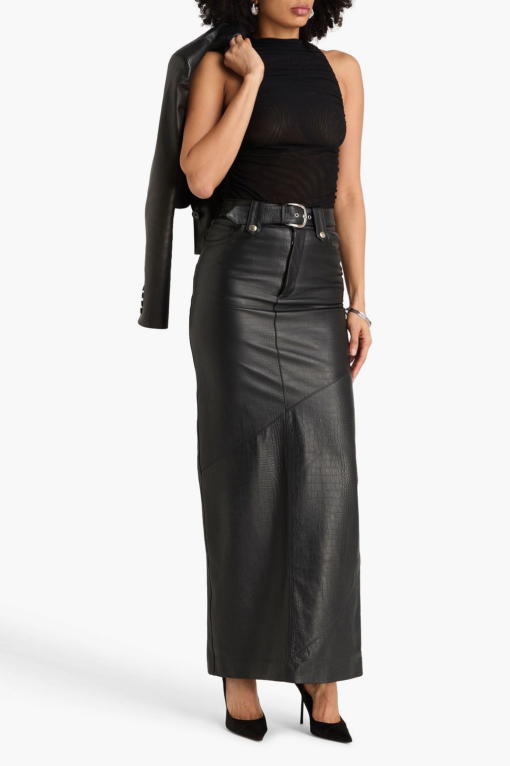 ALESSANDRA RICH Belted croc-effect leather maxi pencil skirt