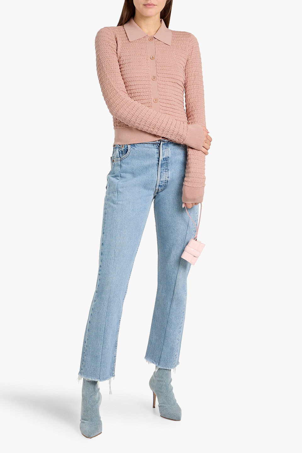 Frame The Smocked Silk-blend Cardigan In Pink