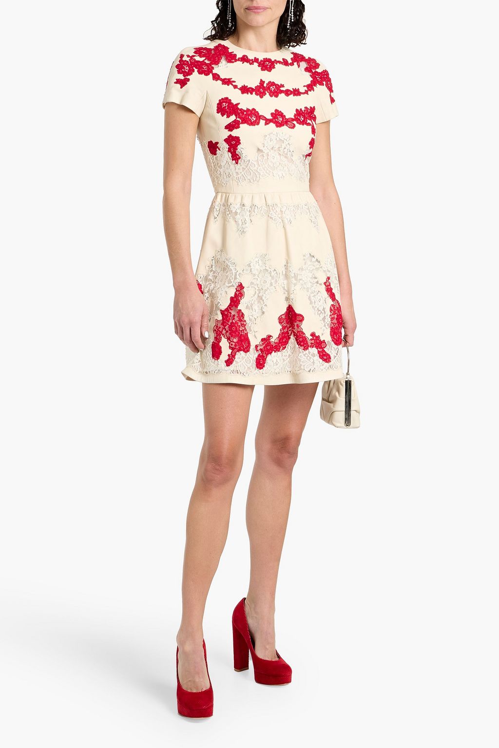 VALENTINO GARAVANI Lace-paneled leather mini dress