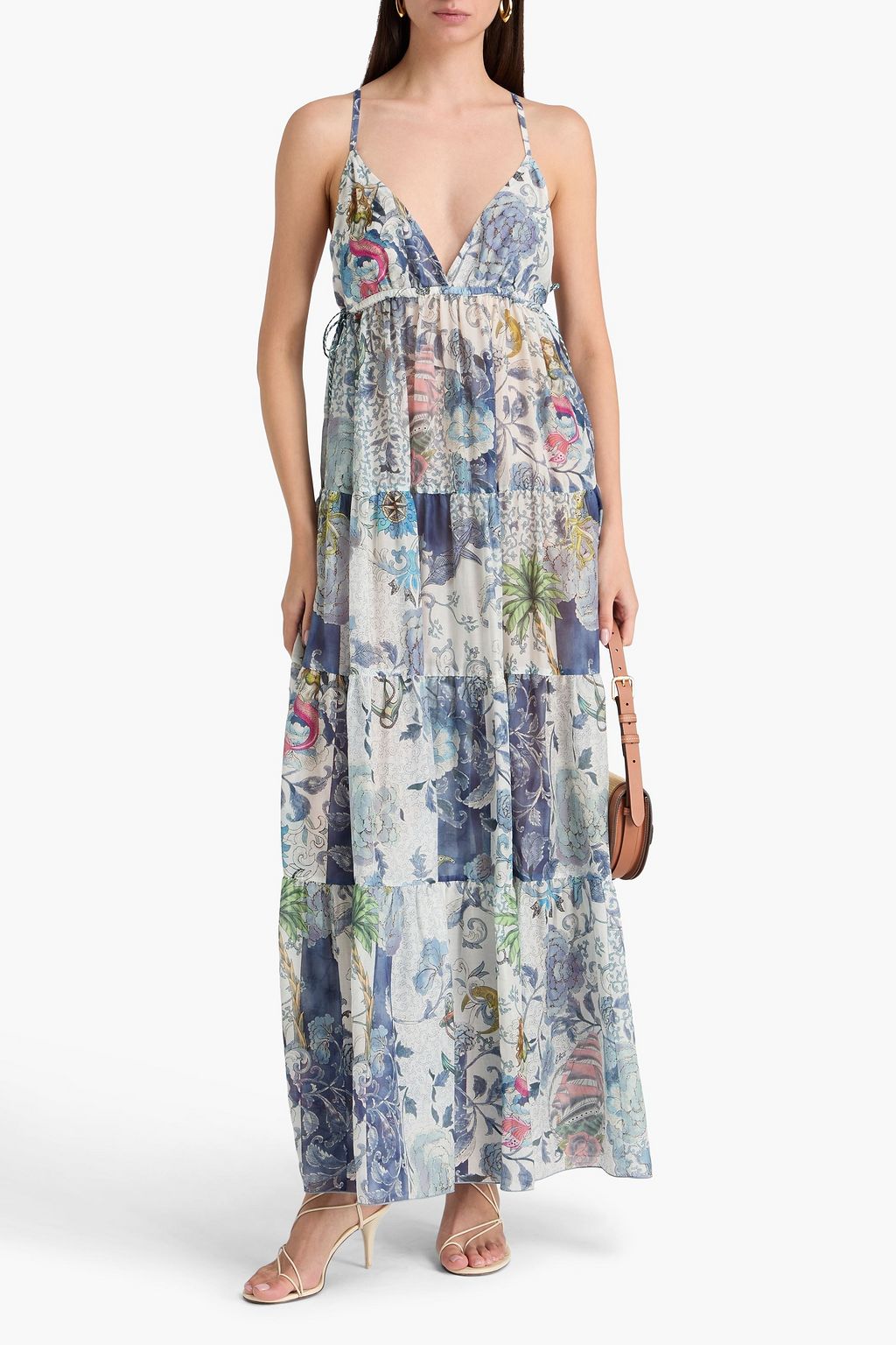ETRO فستان طويل من الفوال المصنوع من مزيج الحرير والقطن بطبقات متدرجة مزين بطبعات