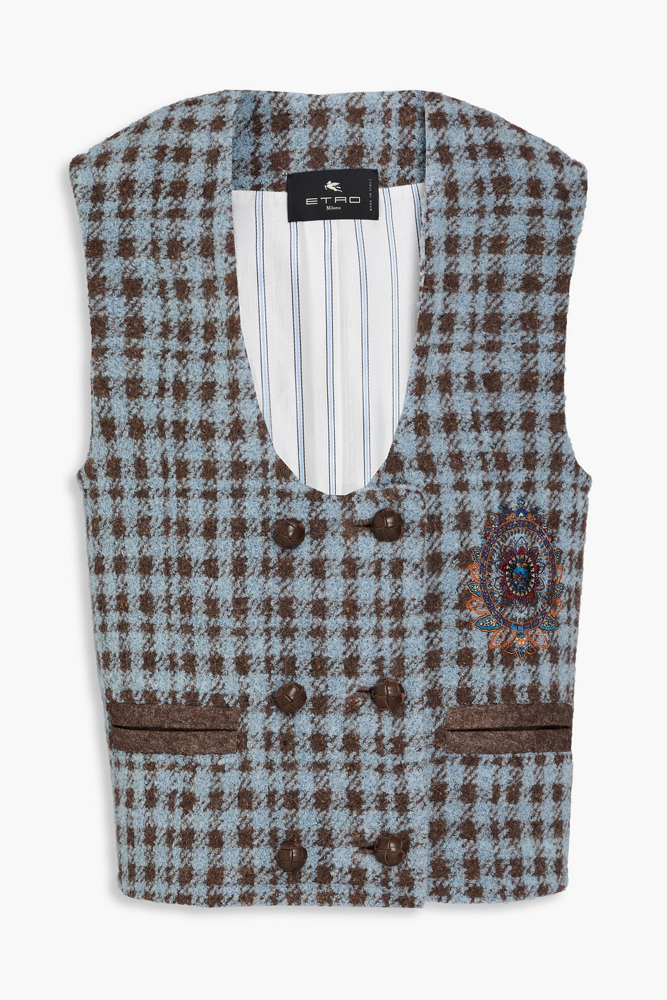 Etro Double-breasted Houndstooth Bouclé-tweed Waistcoat In Blue