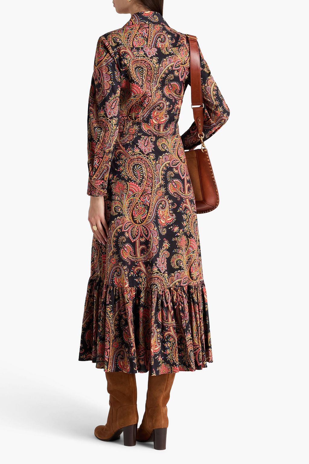 ETRO 페이즐리 프린트 코튼 혼방 포플린 플리츠 미디 셔츠 드레스