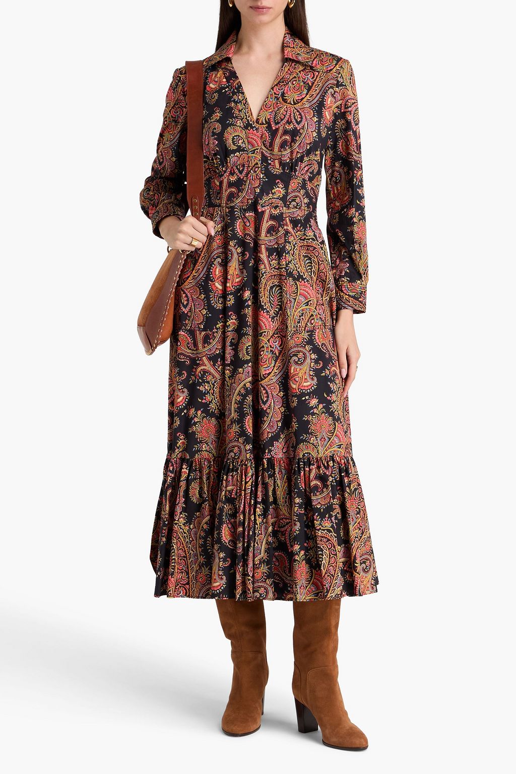 ETRO 페이즐리 프린트 코튼 혼방 포플린 플리츠 미디 셔츠 드레스