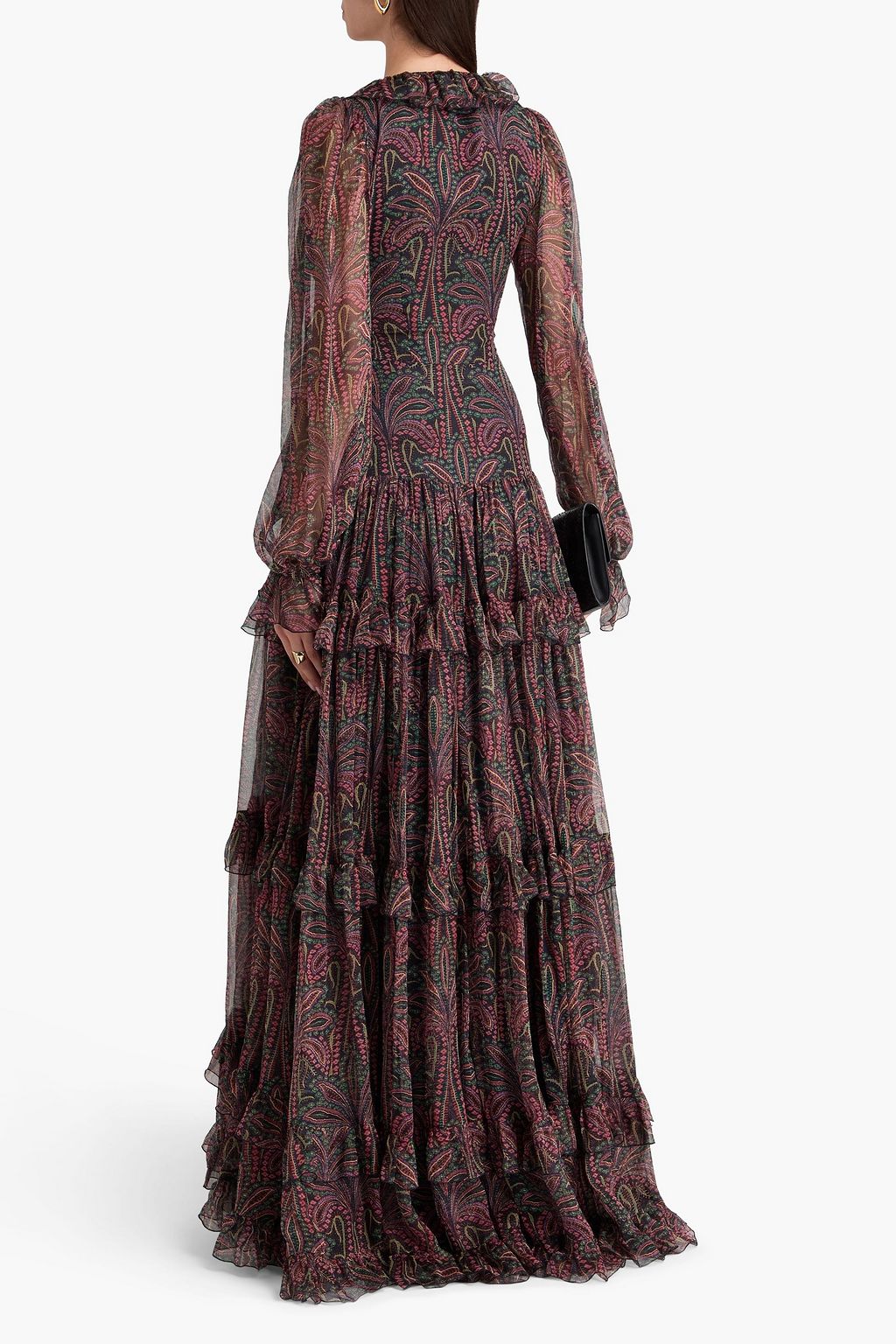 ETRO فستان طويل من الكريبون الحريري بطبعة بيزلي بكشاكش وبطبقات متدرجة
