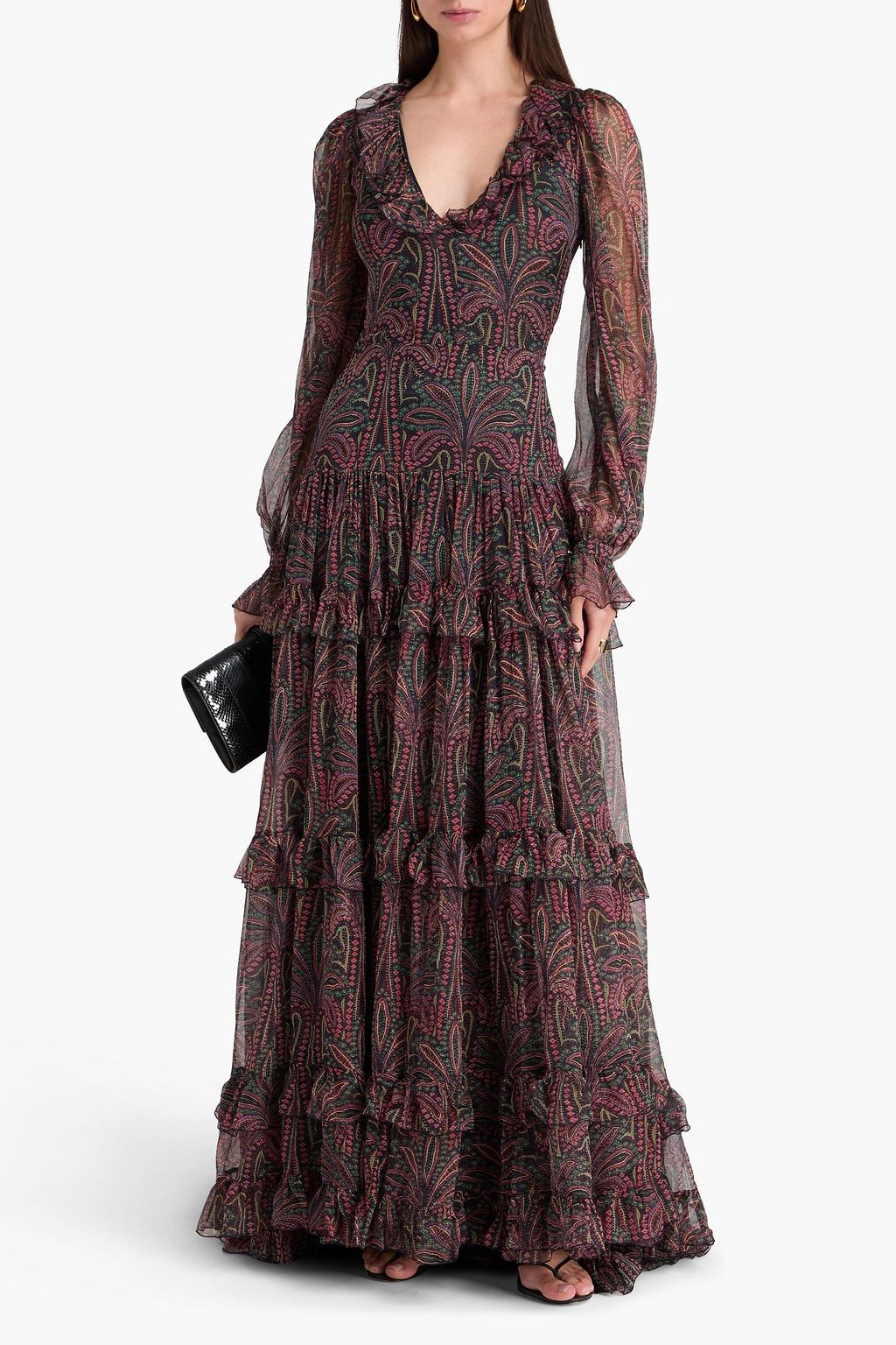 ETRO فستان طويل من الكريبون الحريري بطبعة بيزلي بكشاكش وبطبقات متدرجة