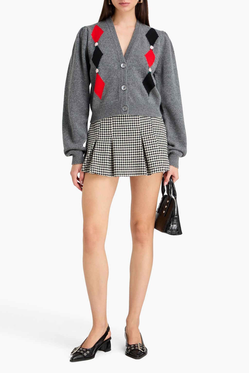 ALESSANDRA RICH Cropped embroidered argyle wool cardigan