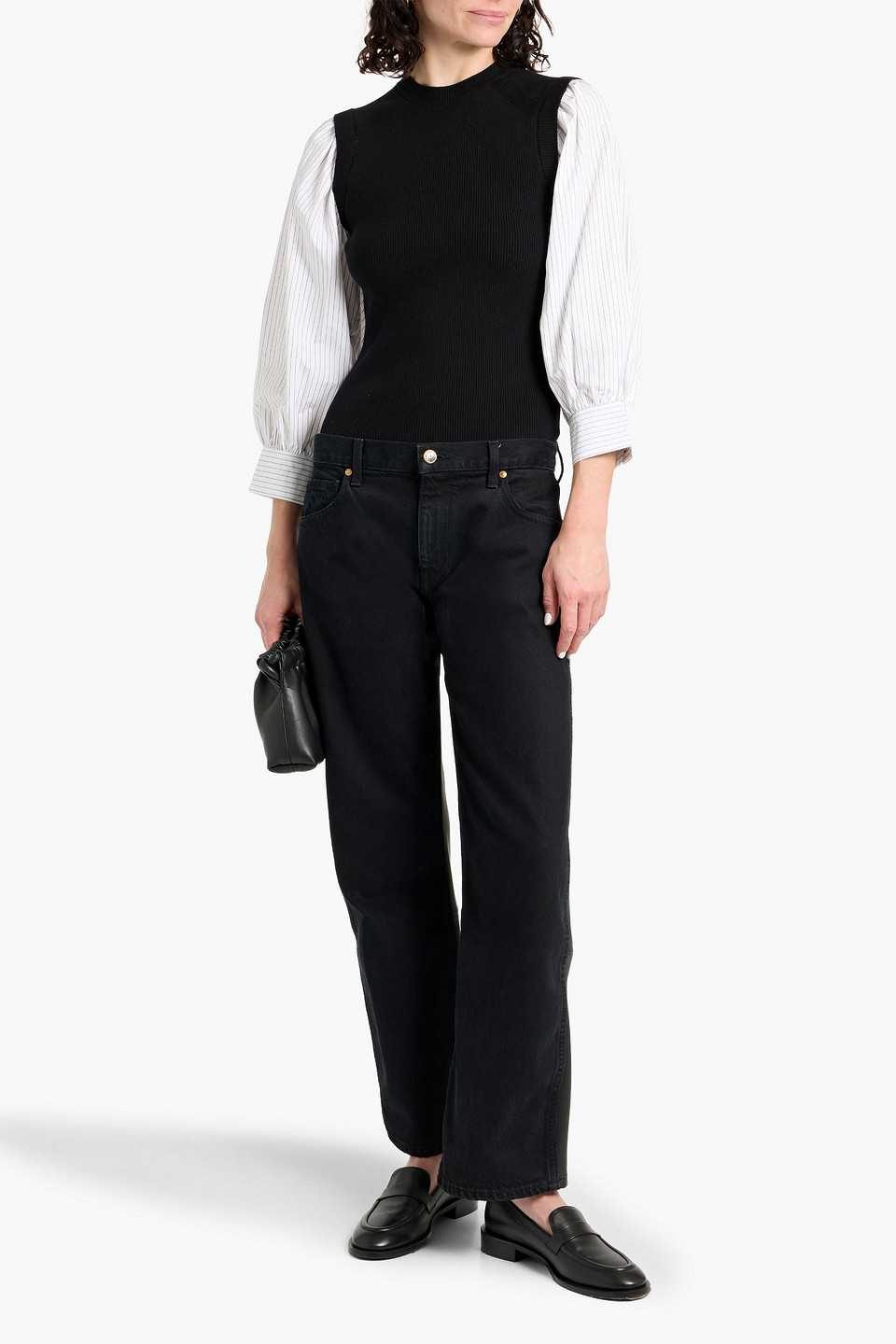 Derek Lam 10 Crosby Tirza Poplin-paneled Striped Ribbed Wool-blend Top In Black