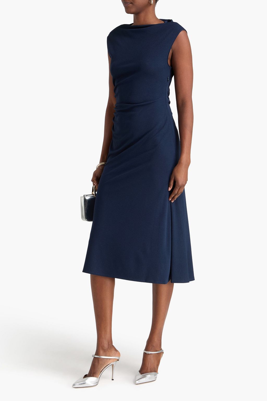 THEORY فستان متوسط الطول من الكريب بتصميم درابيه