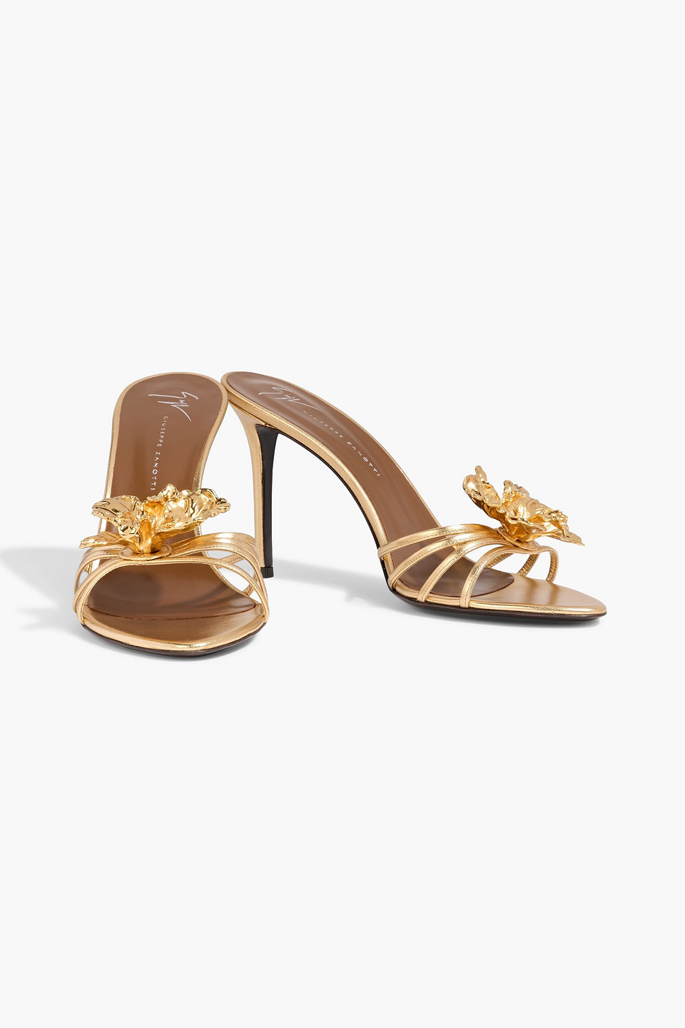 Giuseppe Zanotti Orchid Floral-appliquéd Metallic Leather Mules In Gold
