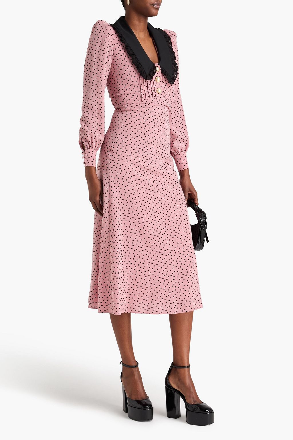 ALESSANDRA RICH فستان متوسط الطول من الحرير الصيني مزين بطبعات وبحواف بتطريز إنجليزي