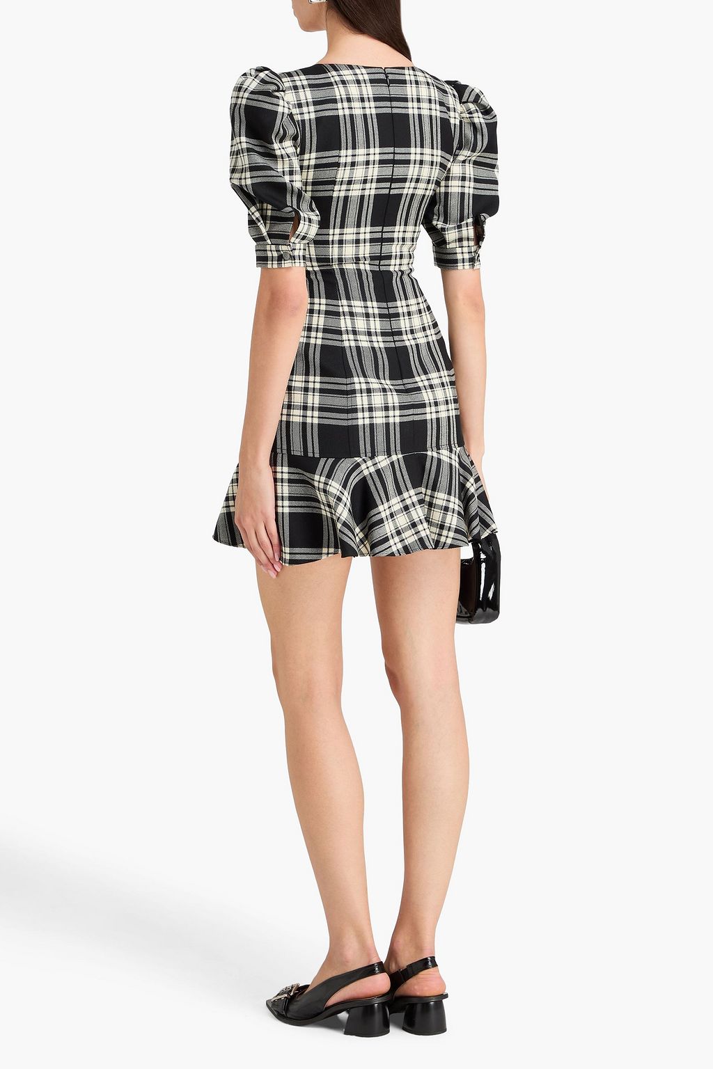 Lace-trimmed checked wool-flannel mini dress - black - One Size