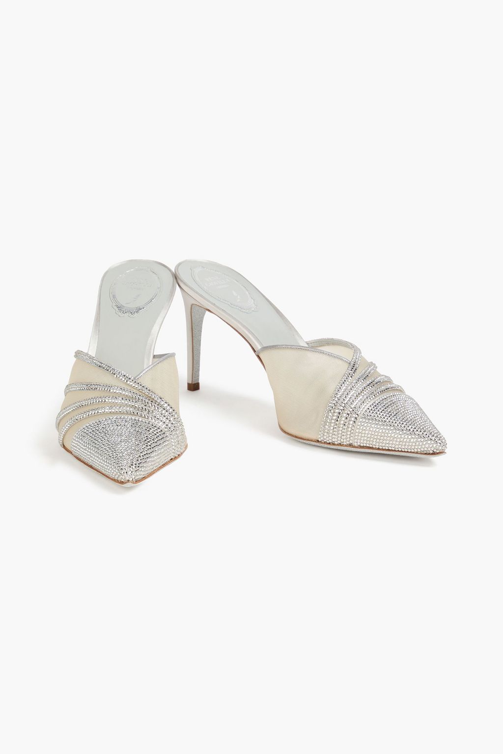 RENE' CAOVILLA Emily crystal-embellished satin and mesh mules