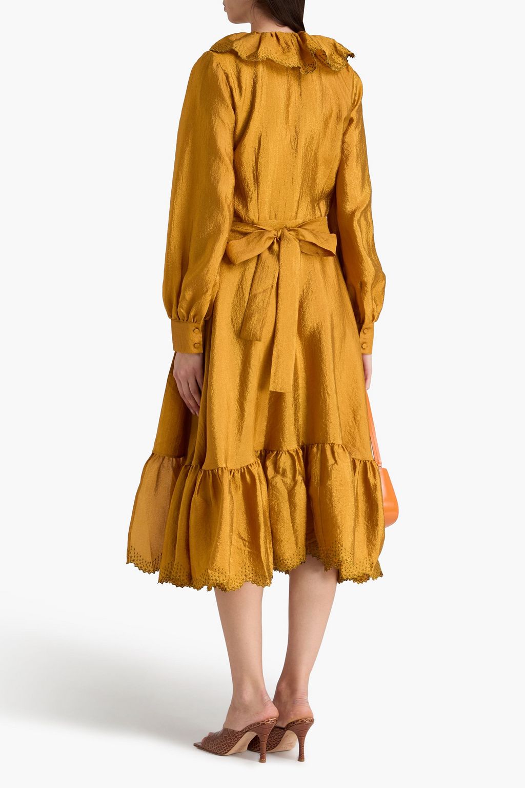 STINE GOYA Embroidered ruffled satin-crepe midi wrap dress