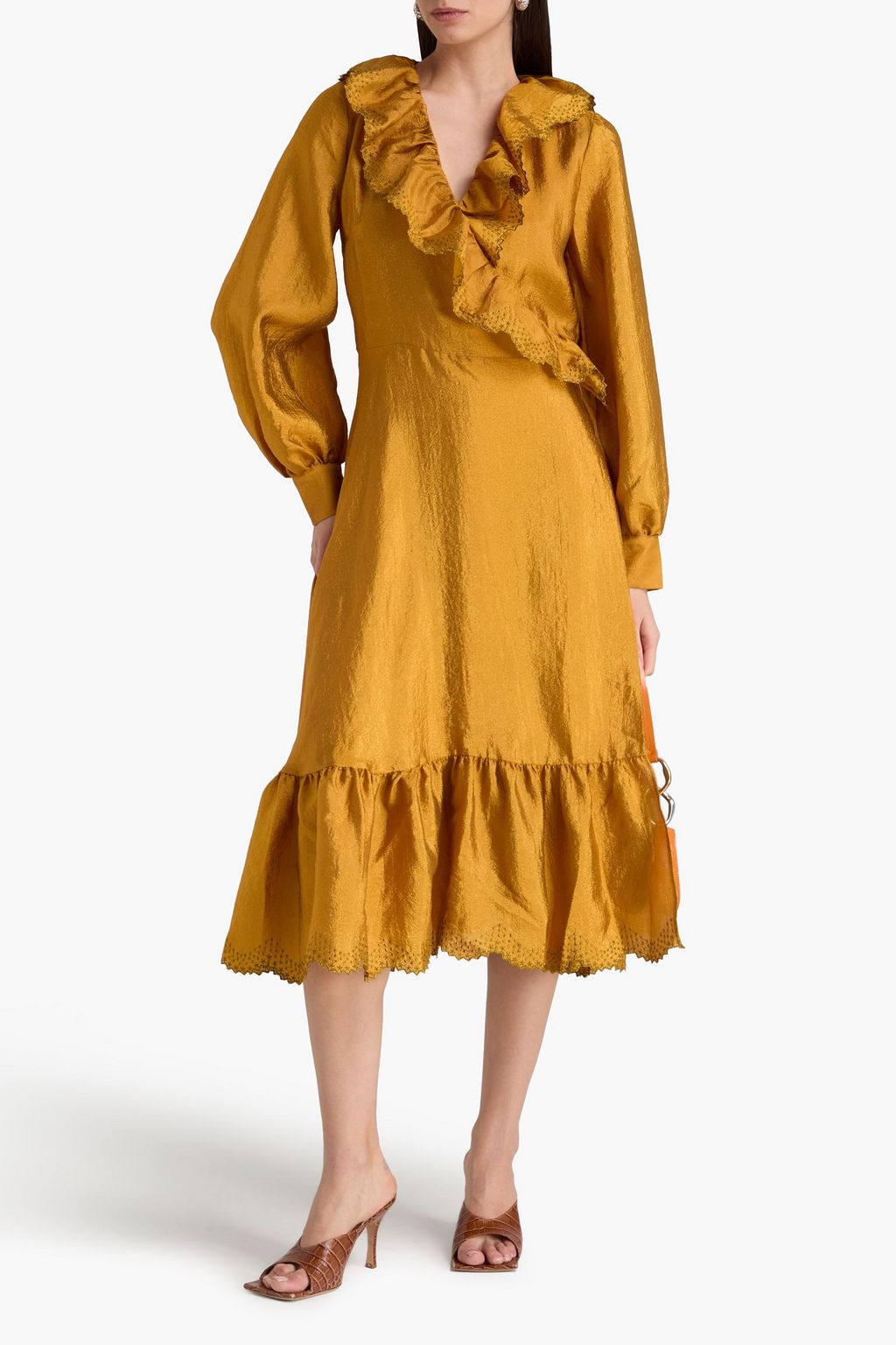 STINE GOYA Embroidered ruffled satin-crepe midi wrap dress
