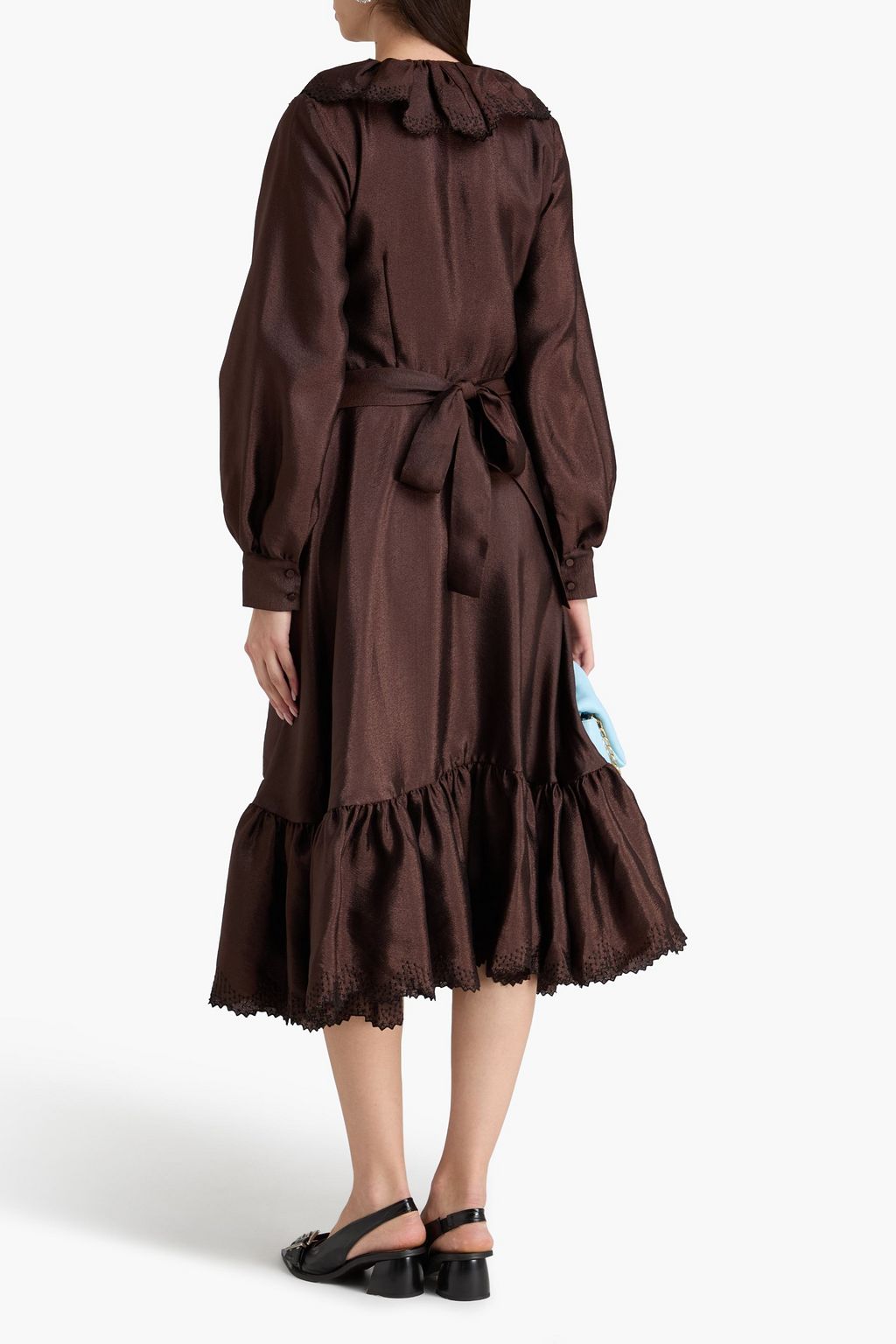 STINE GOYA Embroidered ruffled satin-crepe midi wrap dress