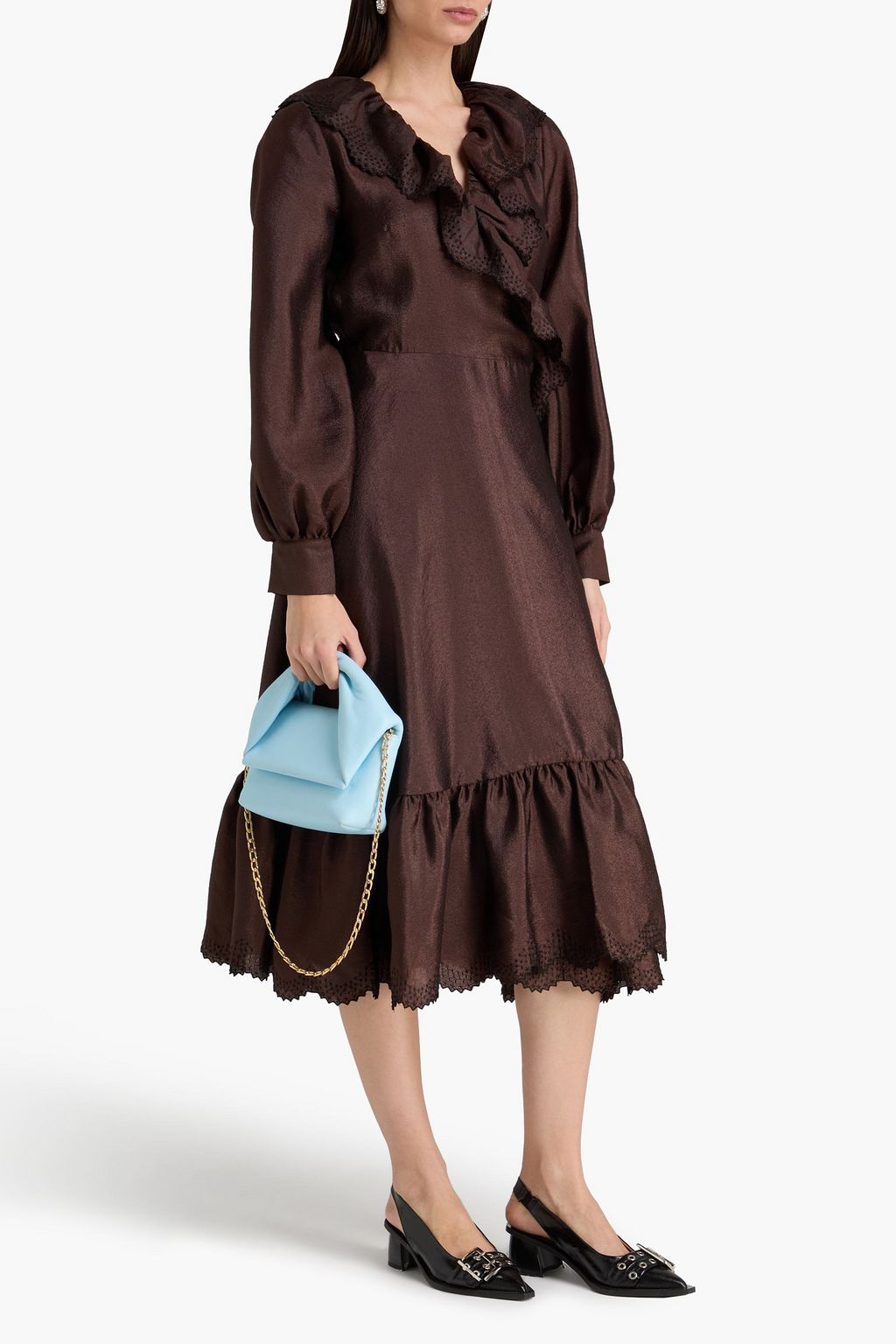 STINE GOYA Embroidered ruffled satin-crepe midi wrap dress