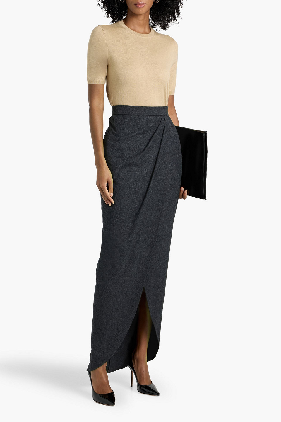 Max Mara Aprile Wrap-effect Wool-blend Flannel Maxi Skirt In Black