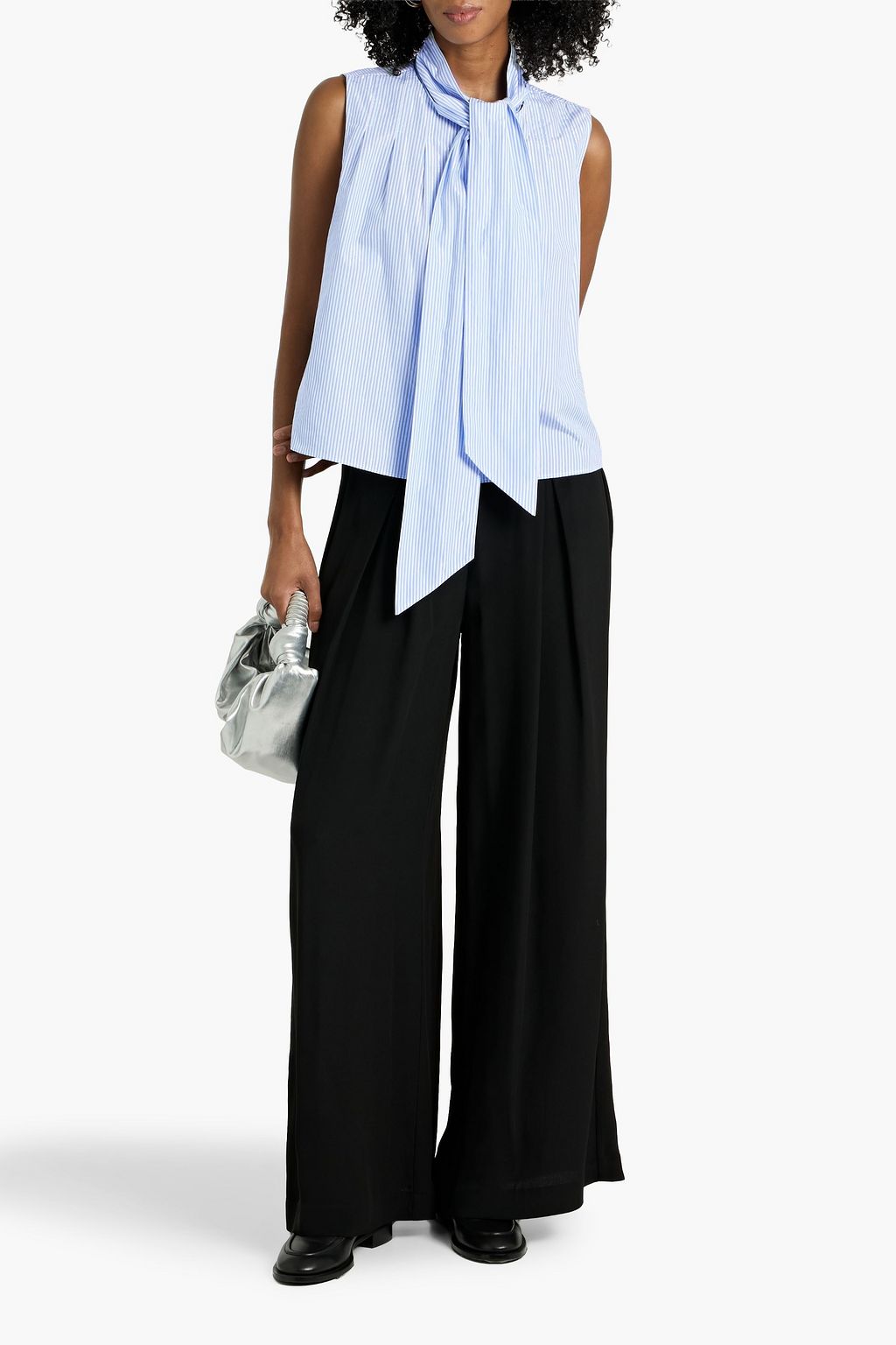 DEREK LAM 10 CROSBY Aviana tie-neck striped cotton-blend poplin top