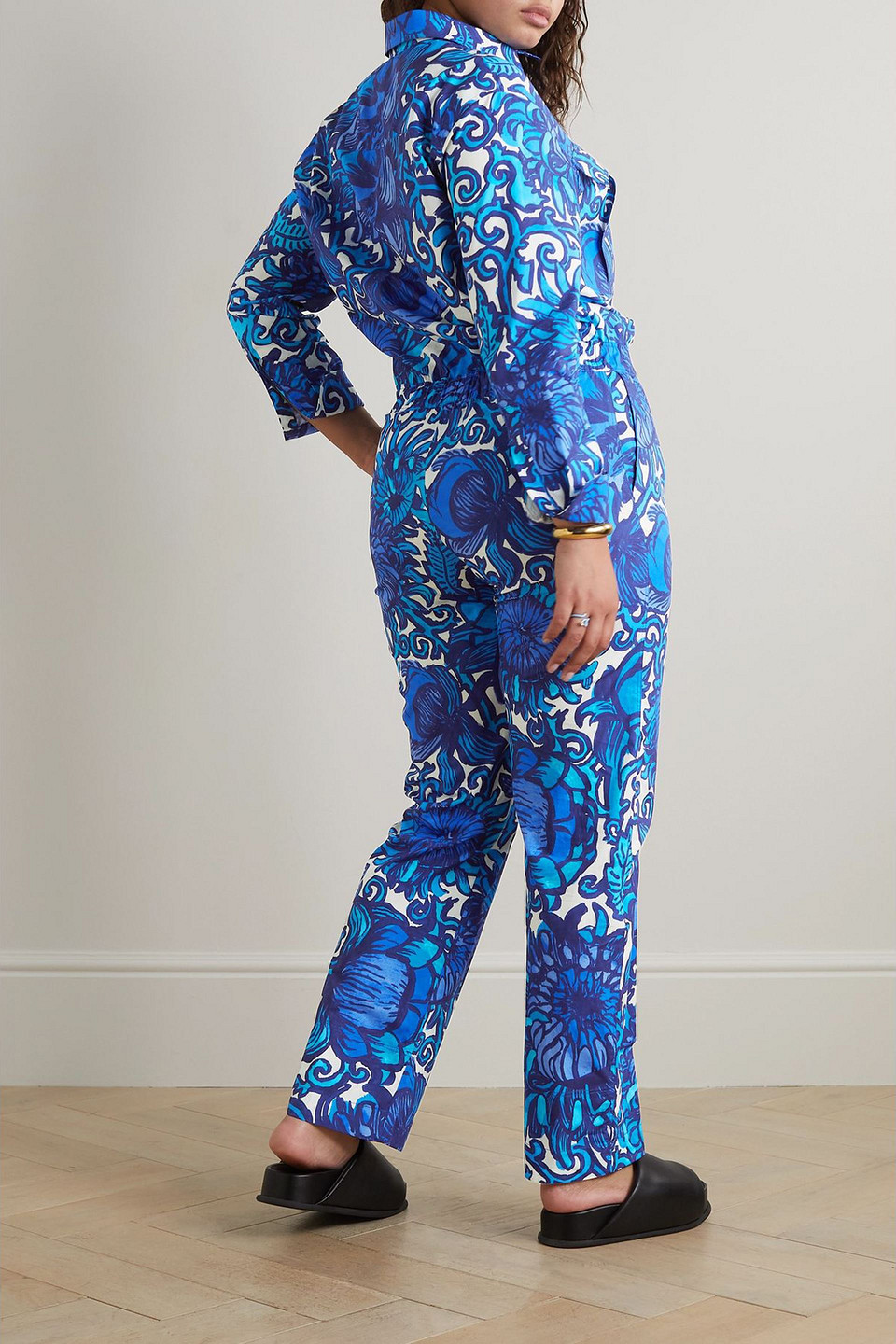 La Doublej Aviator Floral-print Cotton-poplin Jumpsuit In Blue