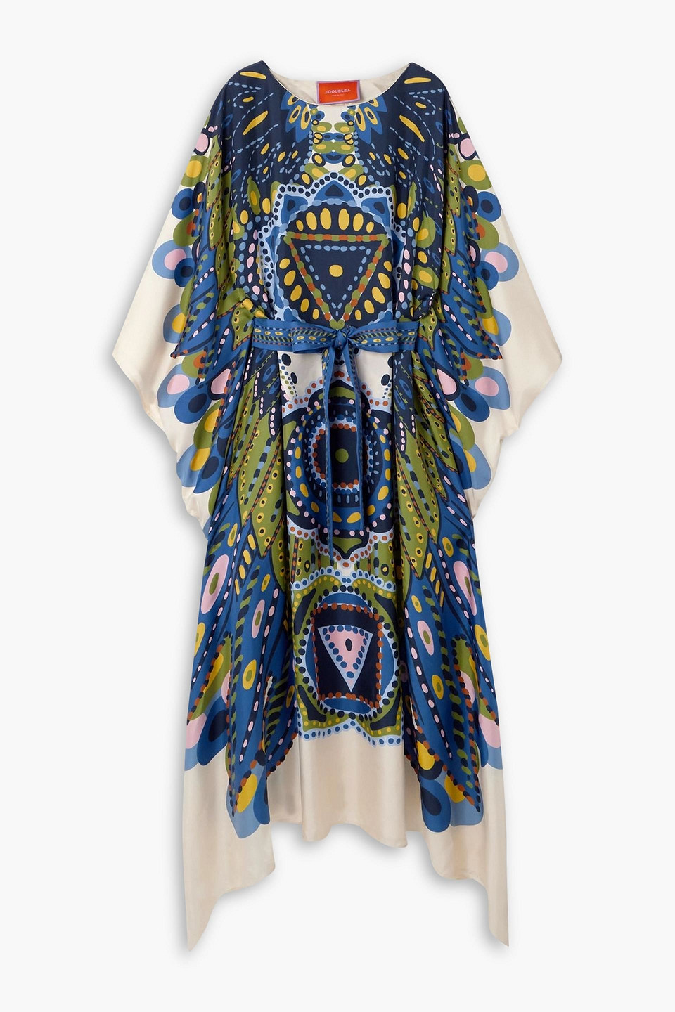 La Doublej Belted Printed Silk-twill Kaftan In Blue