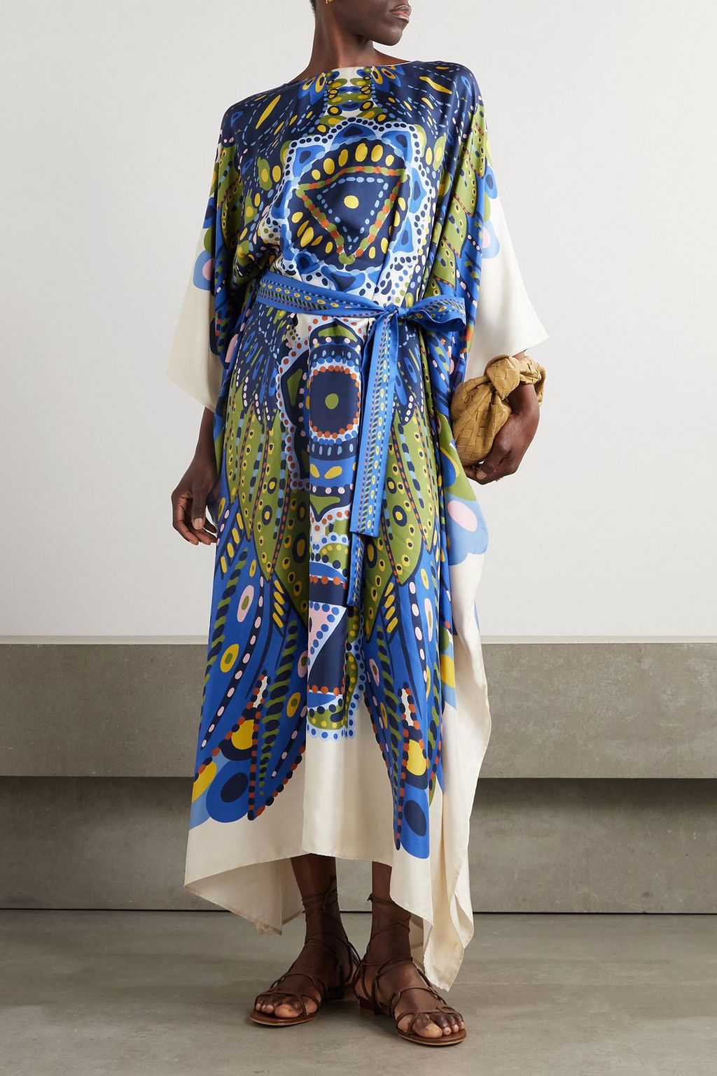 LA DOUBLEJ Belted printed silk-twill kaftan