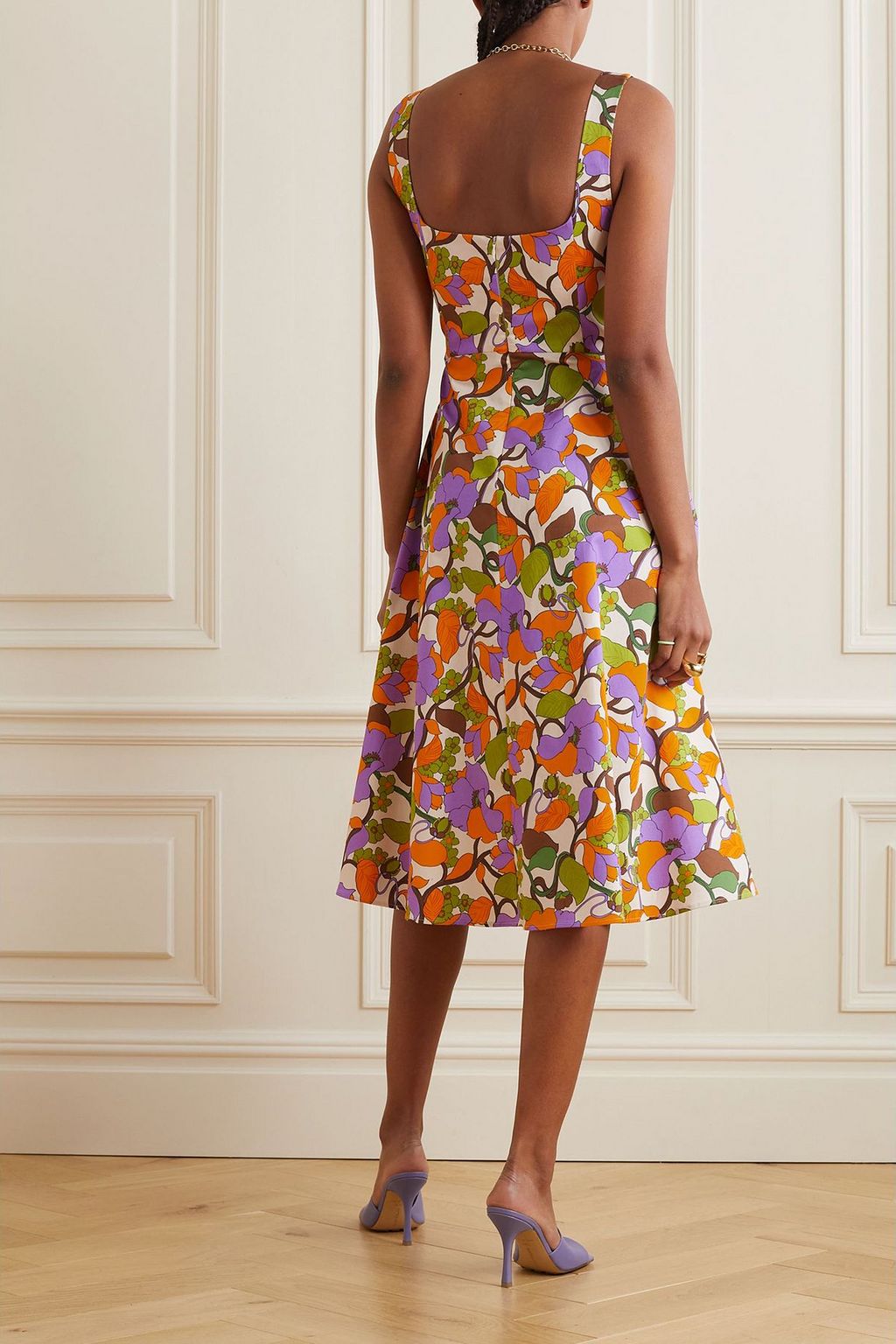 LA DOUBLEJ 플로럴 프린트 스트레치 코튼 트윌 미디 드레스