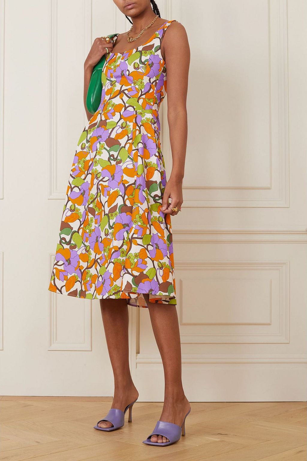 LA DOUBLEJ 플로럴 프린트 스트레치 코튼 트윌 미디 드레스