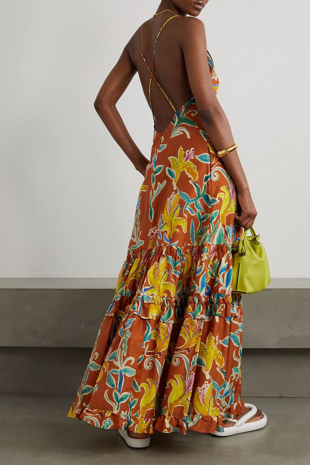 LA DOUBLEJ 플로럴 프린트 코튼 실크 혼방 보일 티어드 맥시 드레스