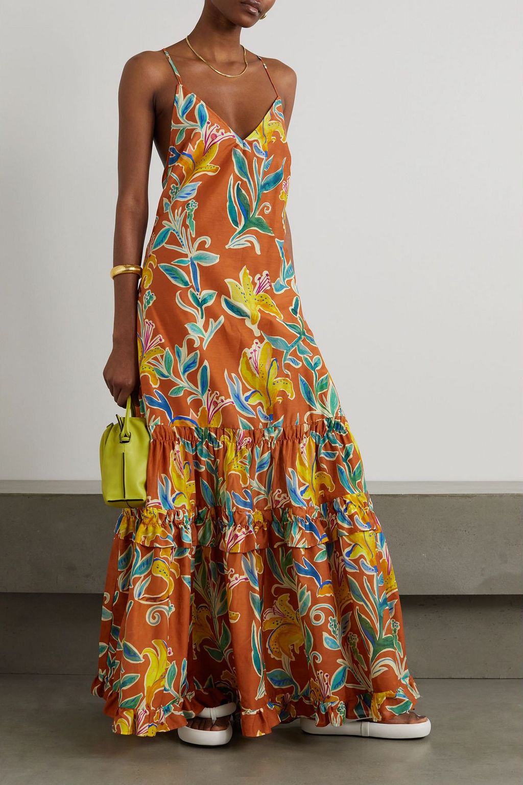 LA DOUBLEJ 플로럴 프린트 코튼 실크 혼방 보일 티어드 맥시 드레스