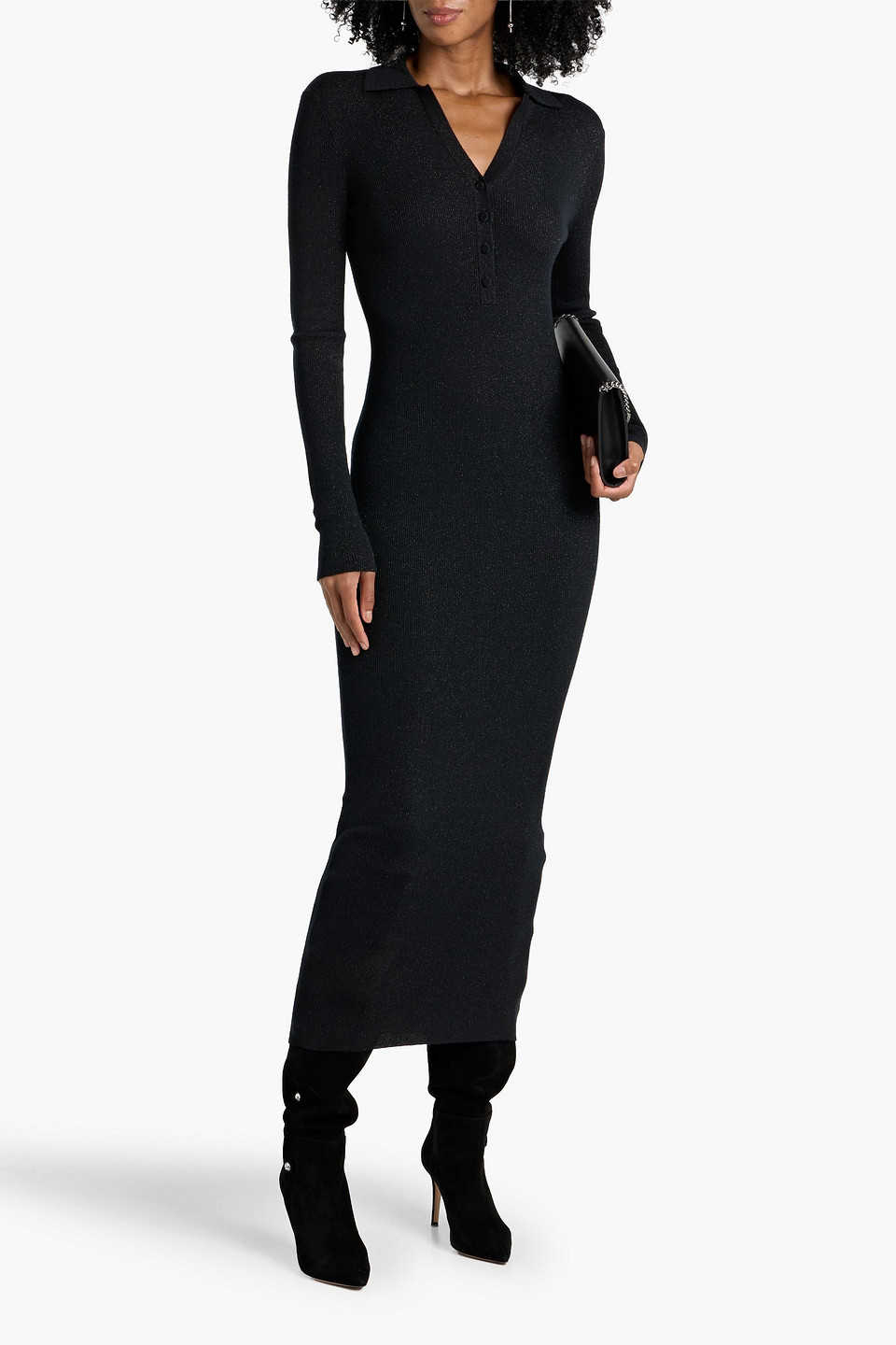 Max Mara Frais Metallic Ribbed Wool-blend Midi Dress In Black