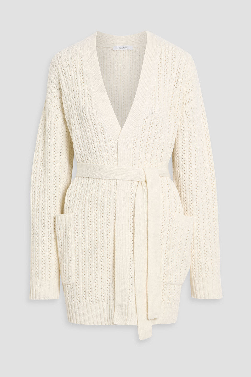 Max Mara Balzac Belted Pointelle-knit Wool And Cashmere-blend Cardigan In White