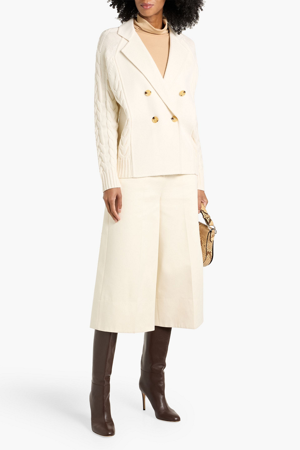Max Mara Micio Felt-paneled Cable-knit Wool And Cashmere-blend Blazer In White