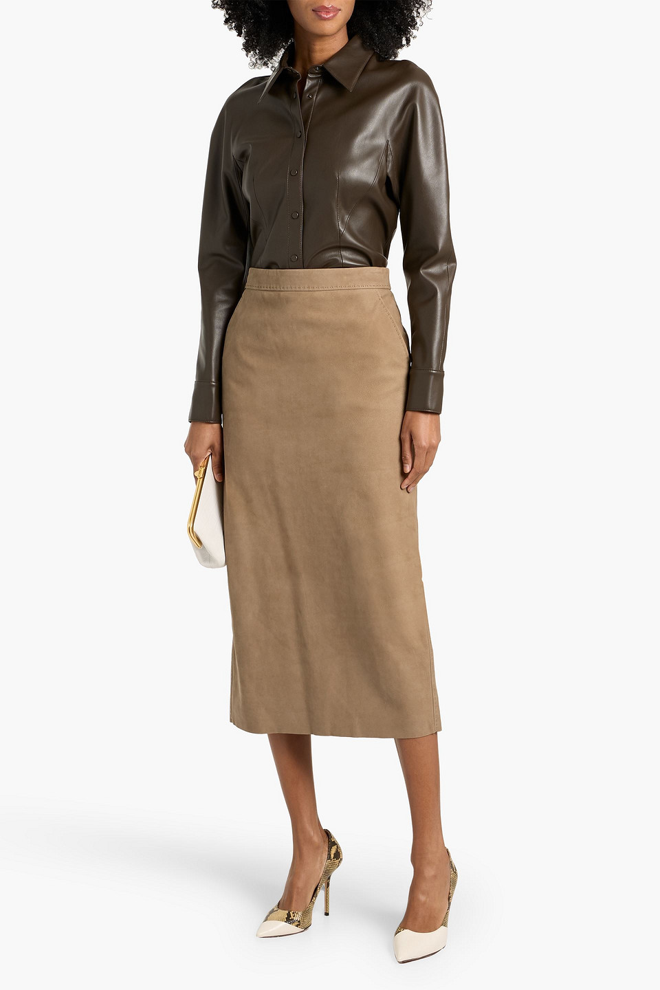 Max Mara Calcio Leather Midi Skirt In Sand